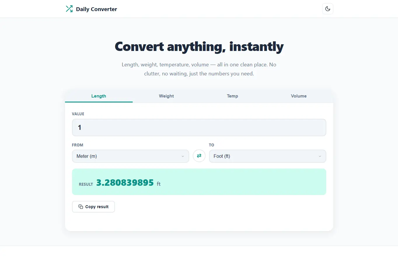 Screenshot of Daily Unit Converter interface showing the project page in use